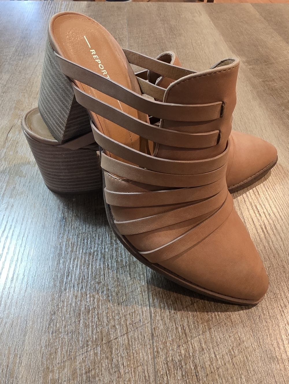 Report Signature- Tan Strappy Block Heels. Size 9